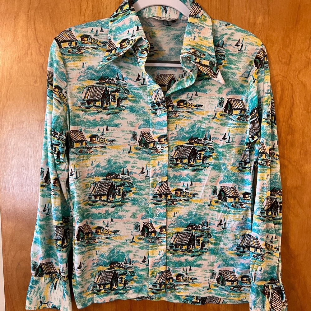 Kmart Womens Button Down Shirt Nylon Scenic Villages Tourist Travel Vintage 38